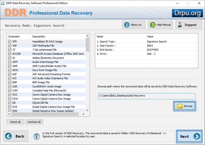 Browse the path to save recovered data